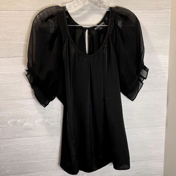 Express Women's Casual Scoop Neck Loose Ruffle Chiffon Sleeve Blouse shirt top - Picture 3 of 4